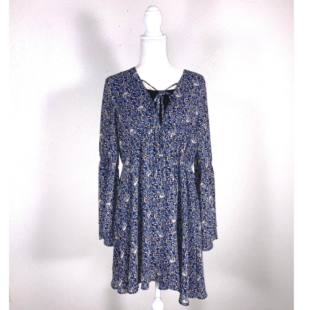 Lucca Navy Blue Floral Long Sleeve Mini Dress Empire Waist LC050186 Large